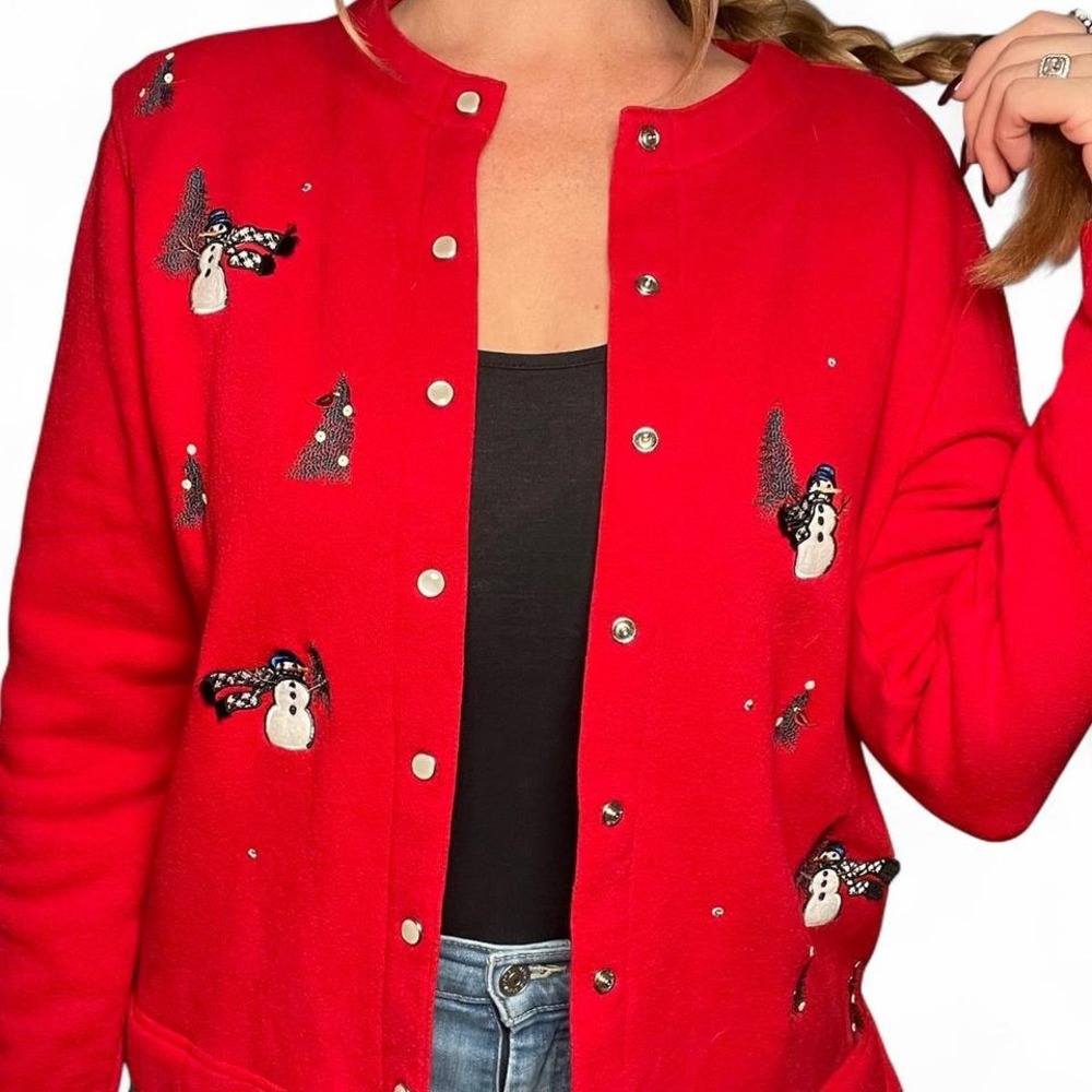 Red snowman and Christmas tree embroidered cardigan sweatshirt small